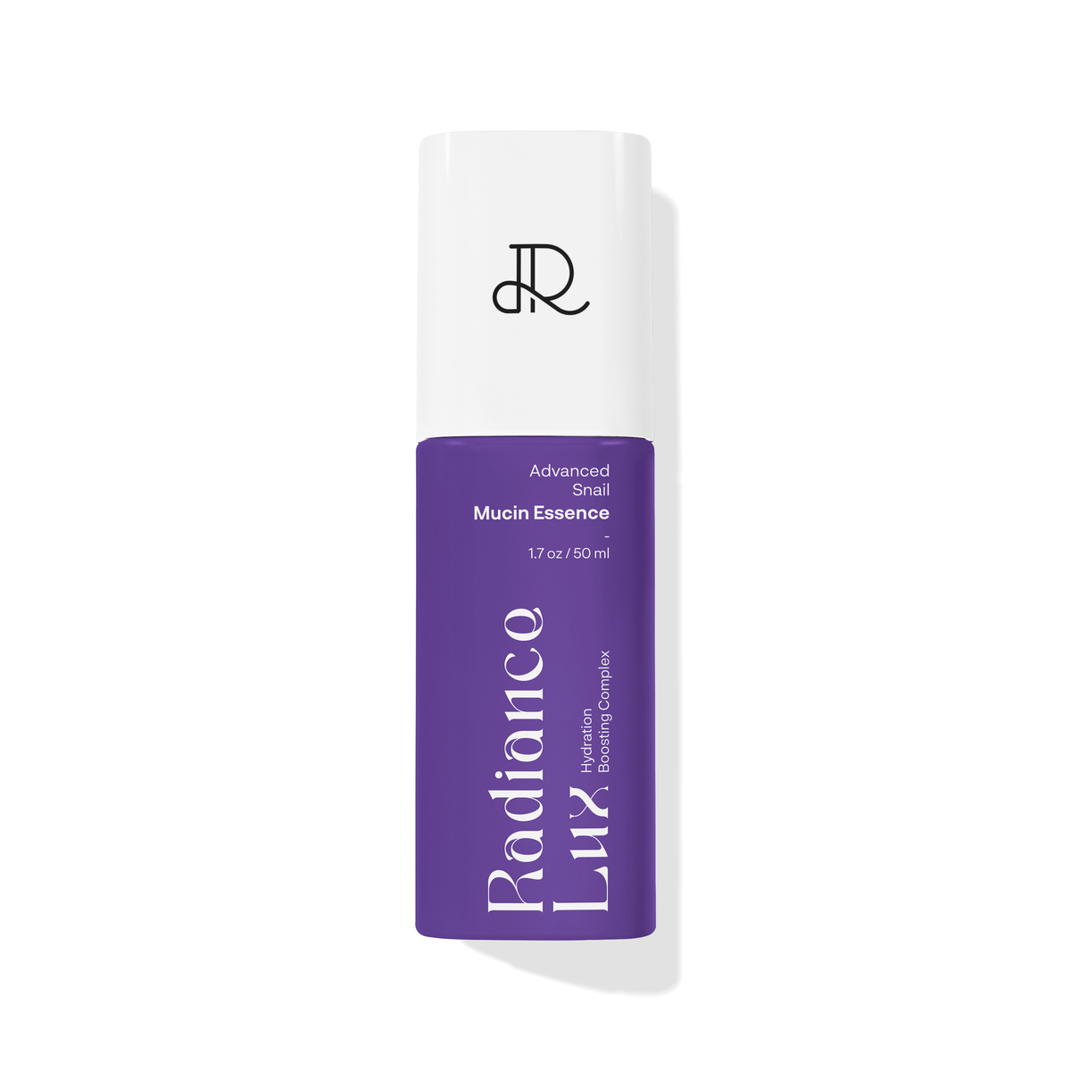 Radiance Lux Advanced Snail Mucin Essence bottle, purple and white, on a plain white background