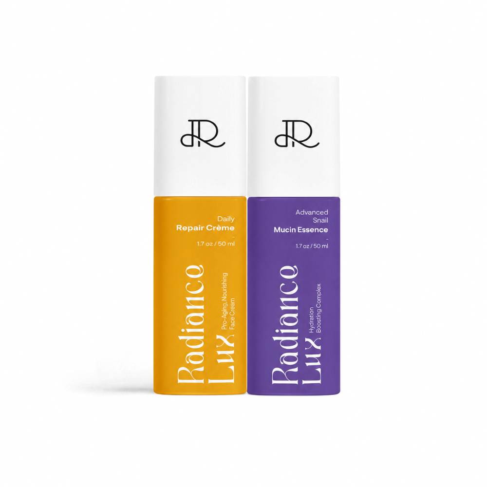 Two skincare bottles from Radiance Lux standing side by side on a white background. The left bottle is white with a mustard yellow lower section and reads 'Radiance Lux Daily Repair Crème'.