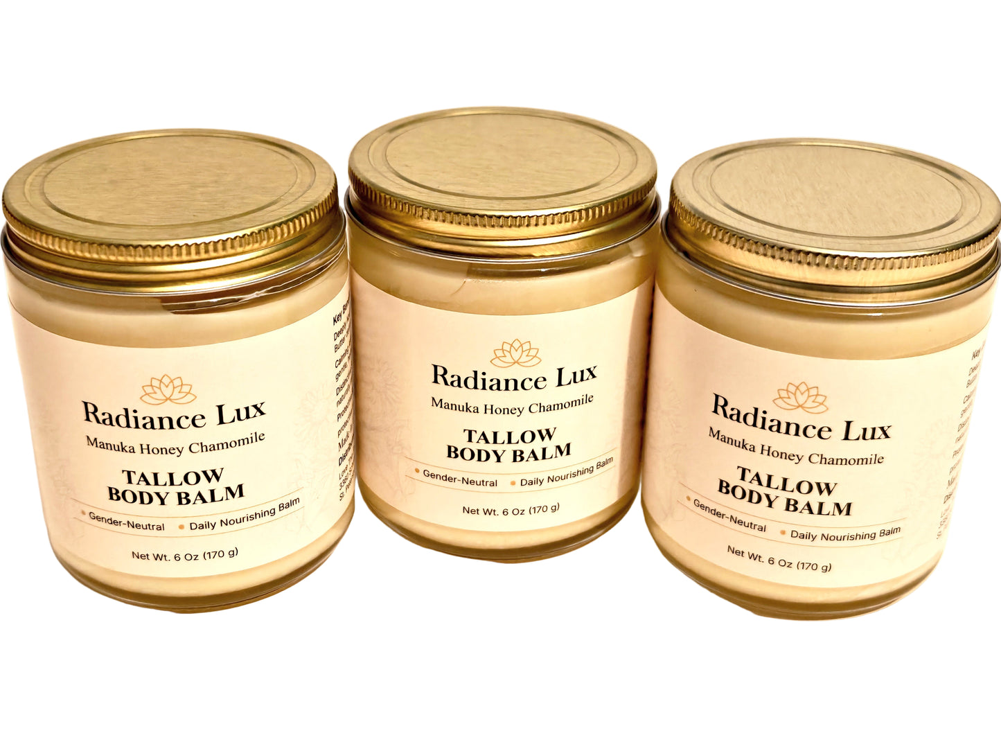 Three jars of Radiance Lux Tallow Body Balm on a white background