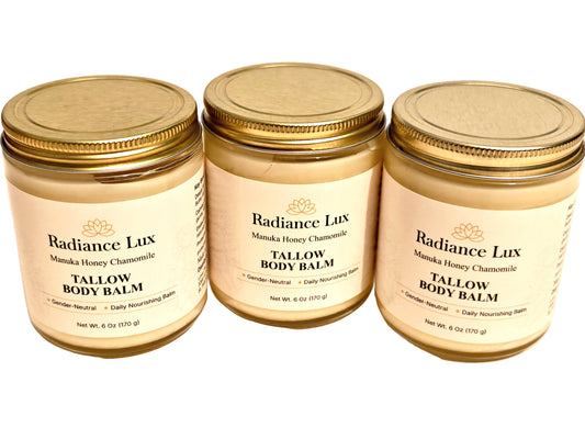 Three jars of Radiance Lux Tallow Body Balm on a white background
