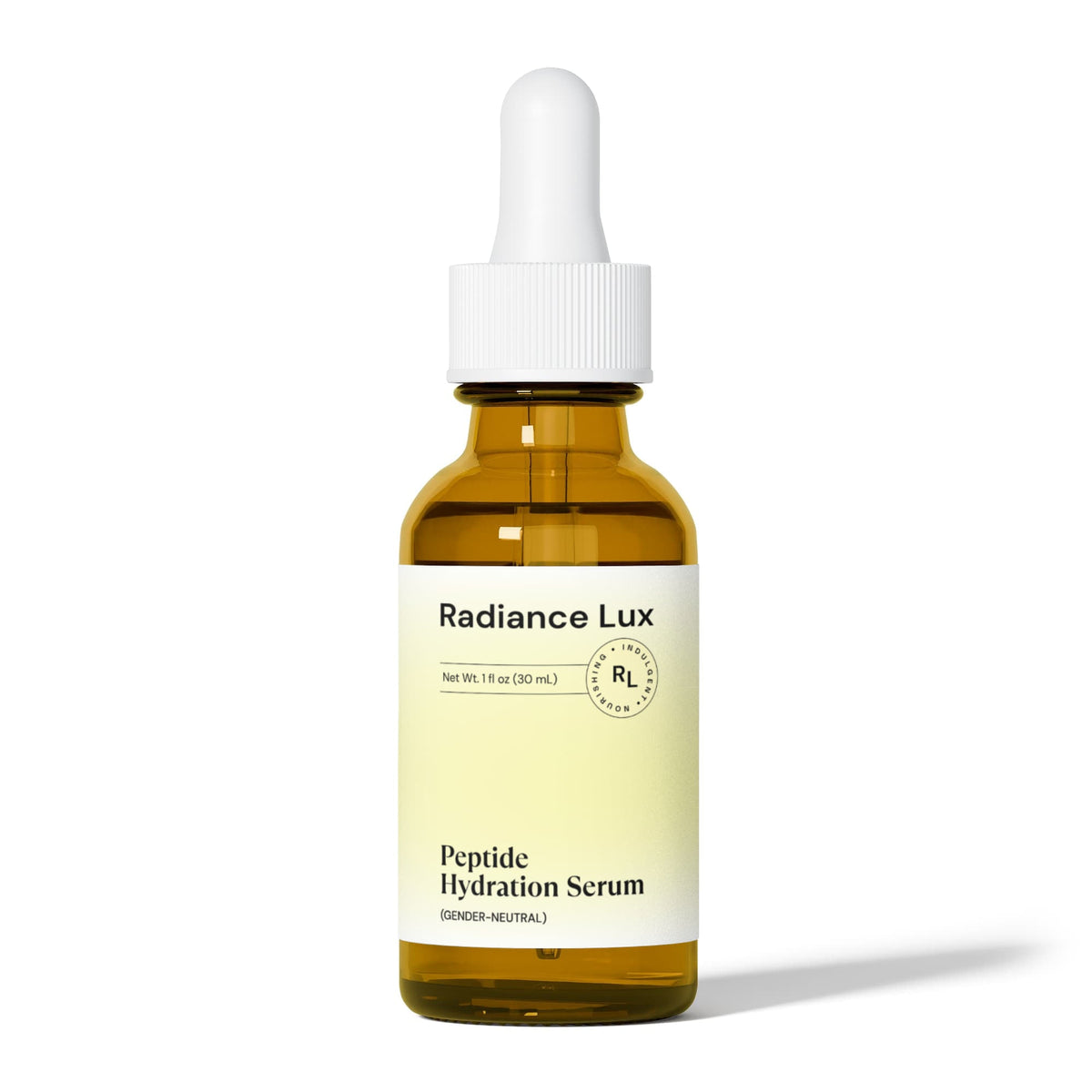 Radiance Lux Peptide Hydration Serum amber glass dropper bottle on a plain white background