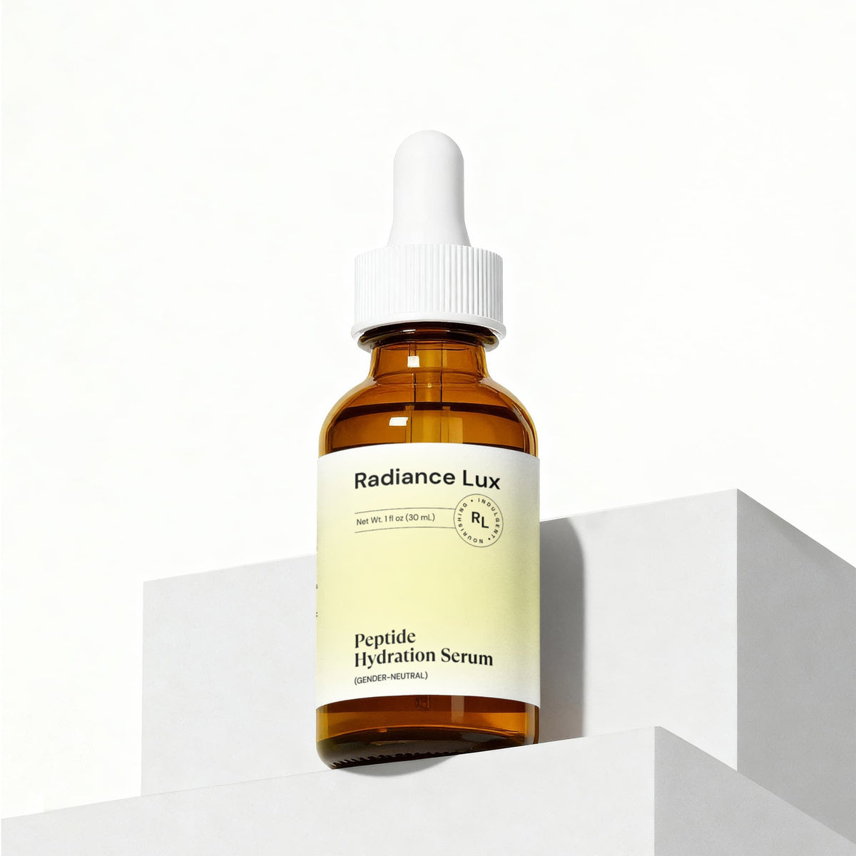 Radiance Lux Peptide Hydration Serum bottle styled on white geometric blocks with dramatic shadow