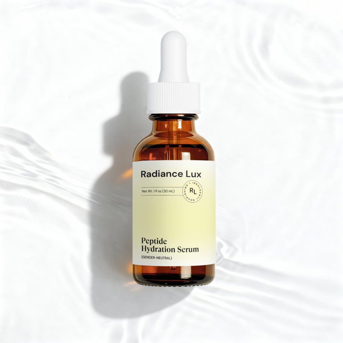 Radiance Lux Peptide Hydration Serum bottle laid flat on a bright, rippled water background
