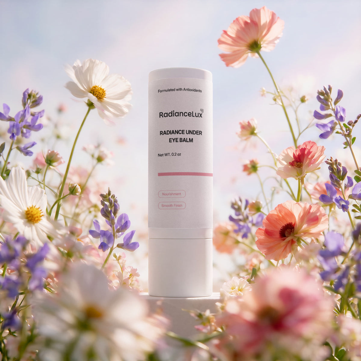 Radiance Under Eye Balm stick by Radiance Lux standing among pink, white and purple wildflowers