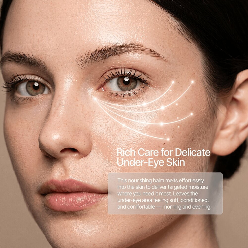 Close-up of a woman's eye area with glowing lines and the text Rich Care for Delicate Under-Eye Skin