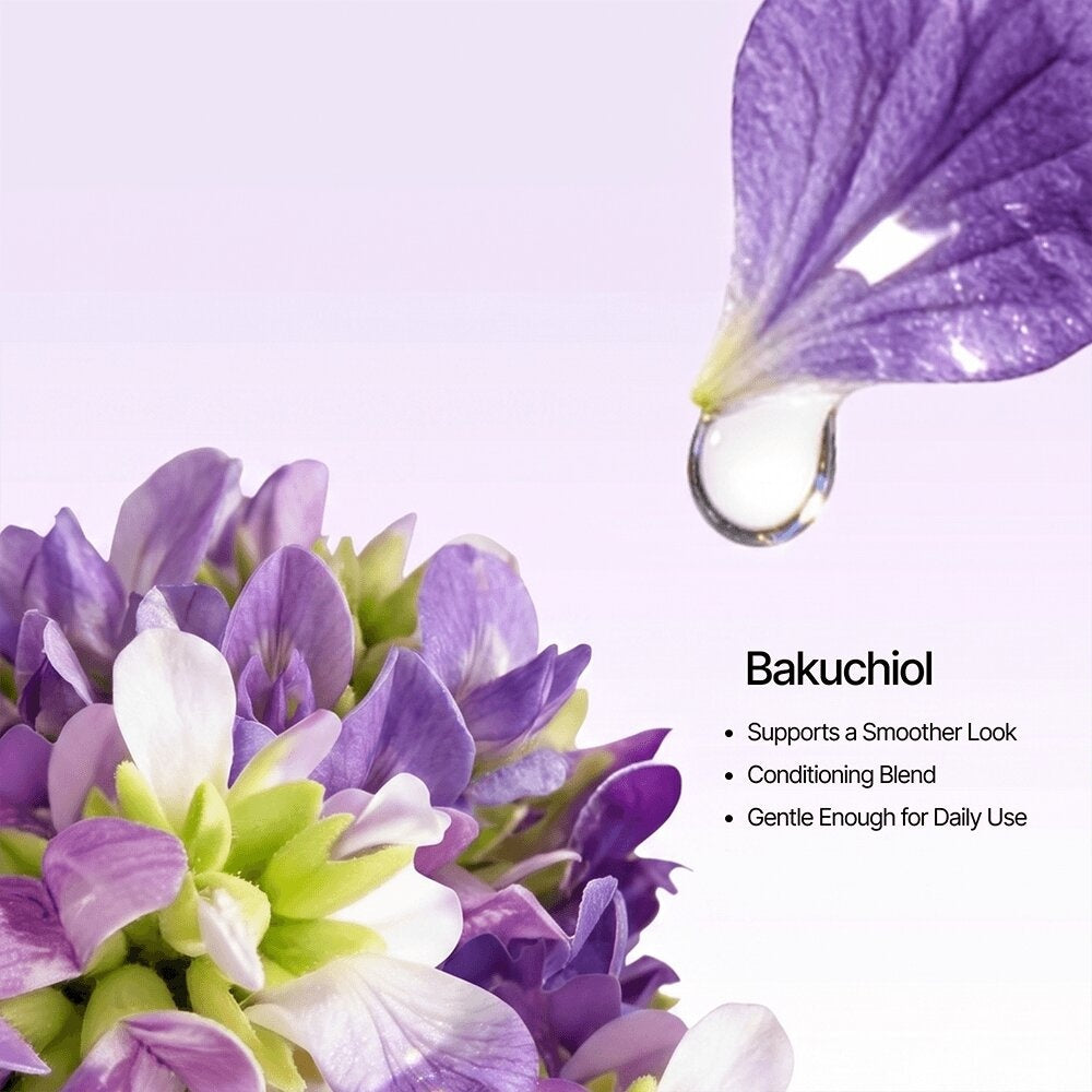 Bakuchiol ingredient graphic with a purple petal and water droplet beside a list of benefits
