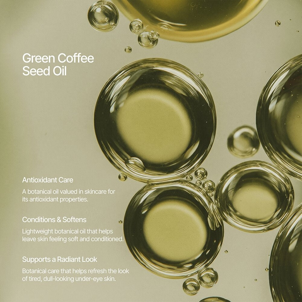 Green coffee seed oil ingredient graphic with golden oil droplets and a list of benefits