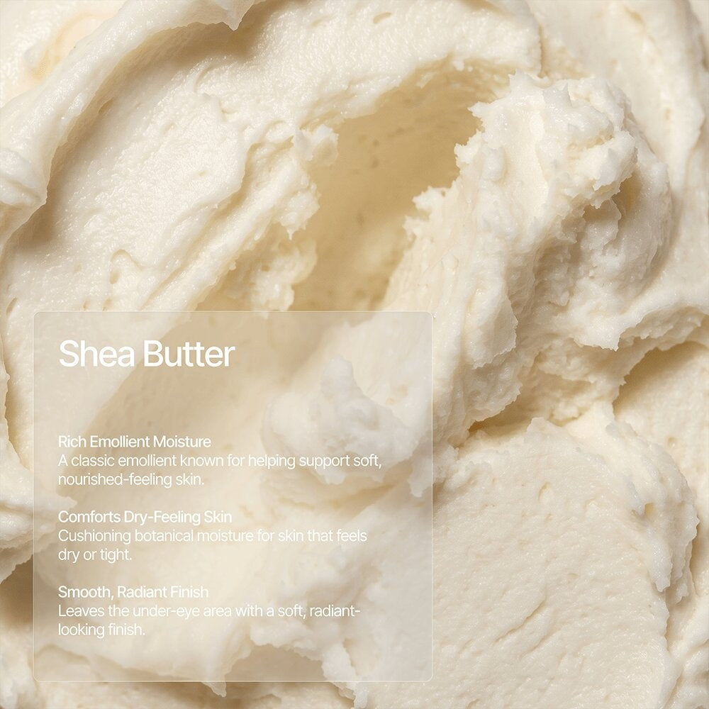 Shea butter ingredient graphic over a swirl of creamy shea butter